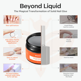 modelones glue applied to press-on nail being positioned before UV cure for precise placement