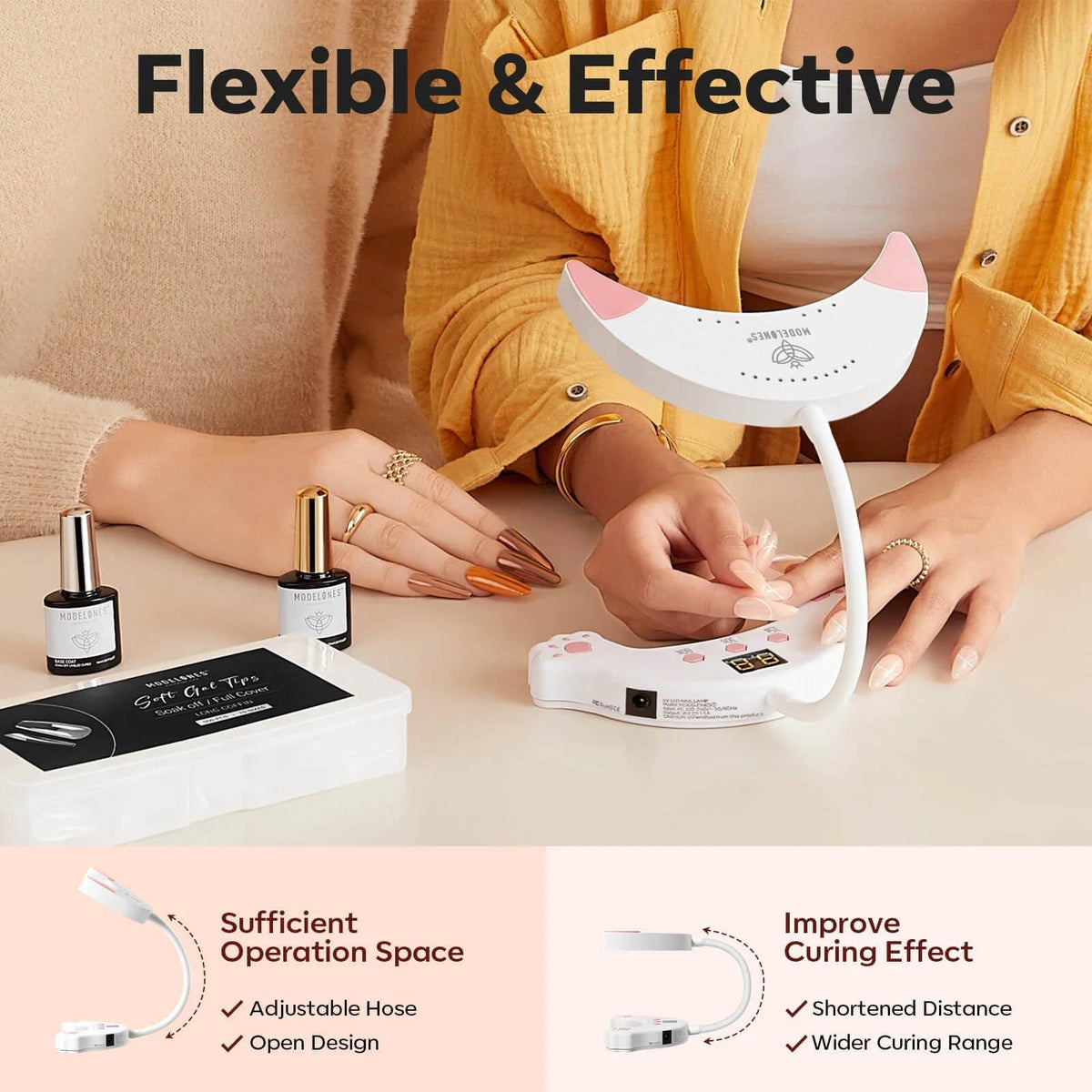 modelones bent gooseneck positioned for single-finger precision curing