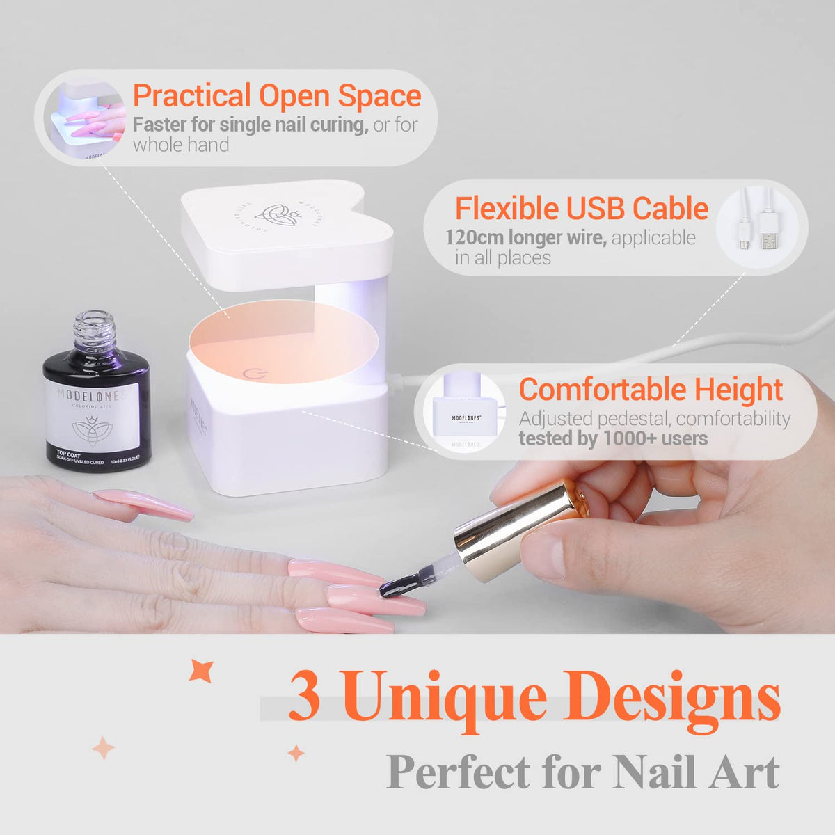 modelones hand in use curing nails to demonstrate easy at-home results