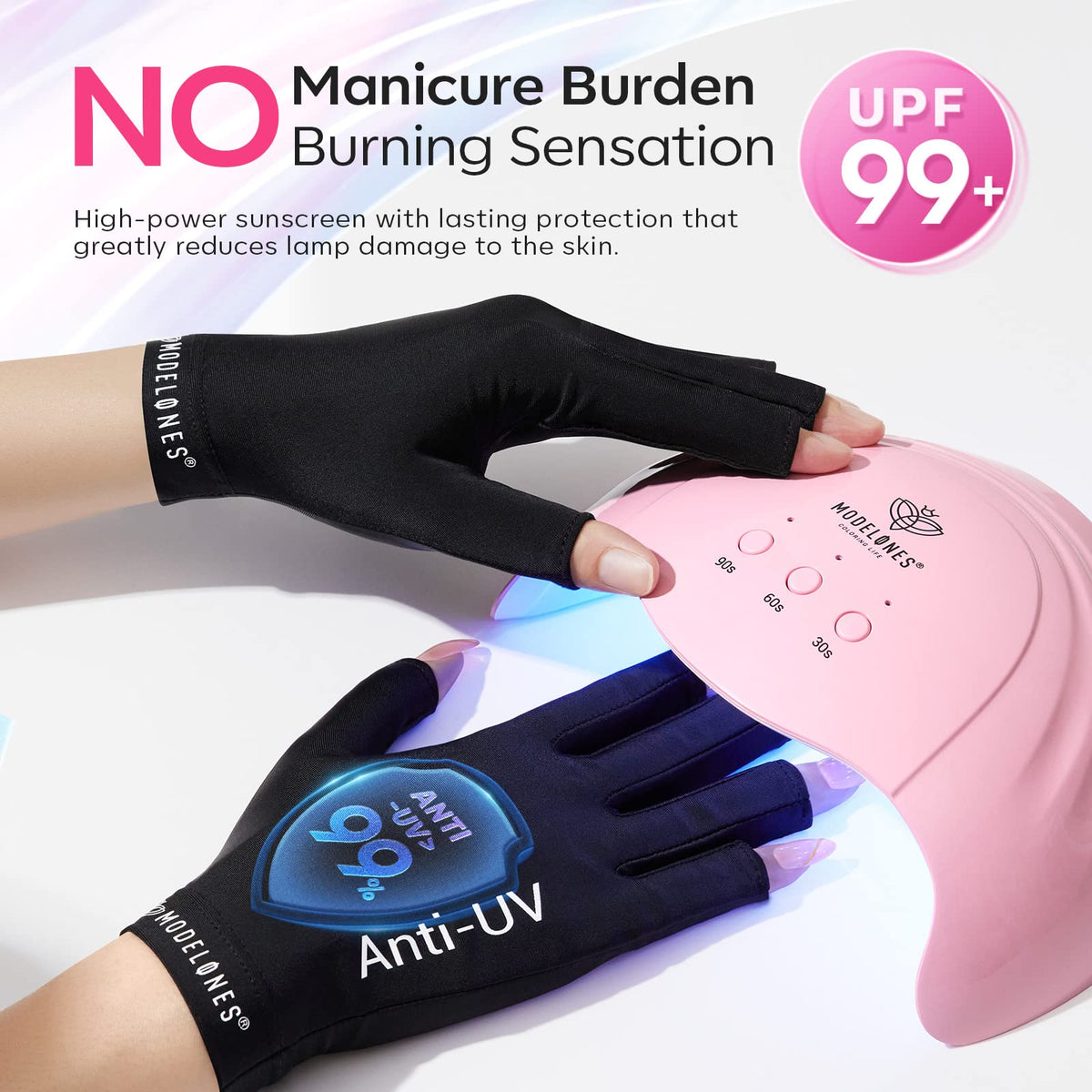 modelones hands under UV lamp in use protecting skin during gel curing