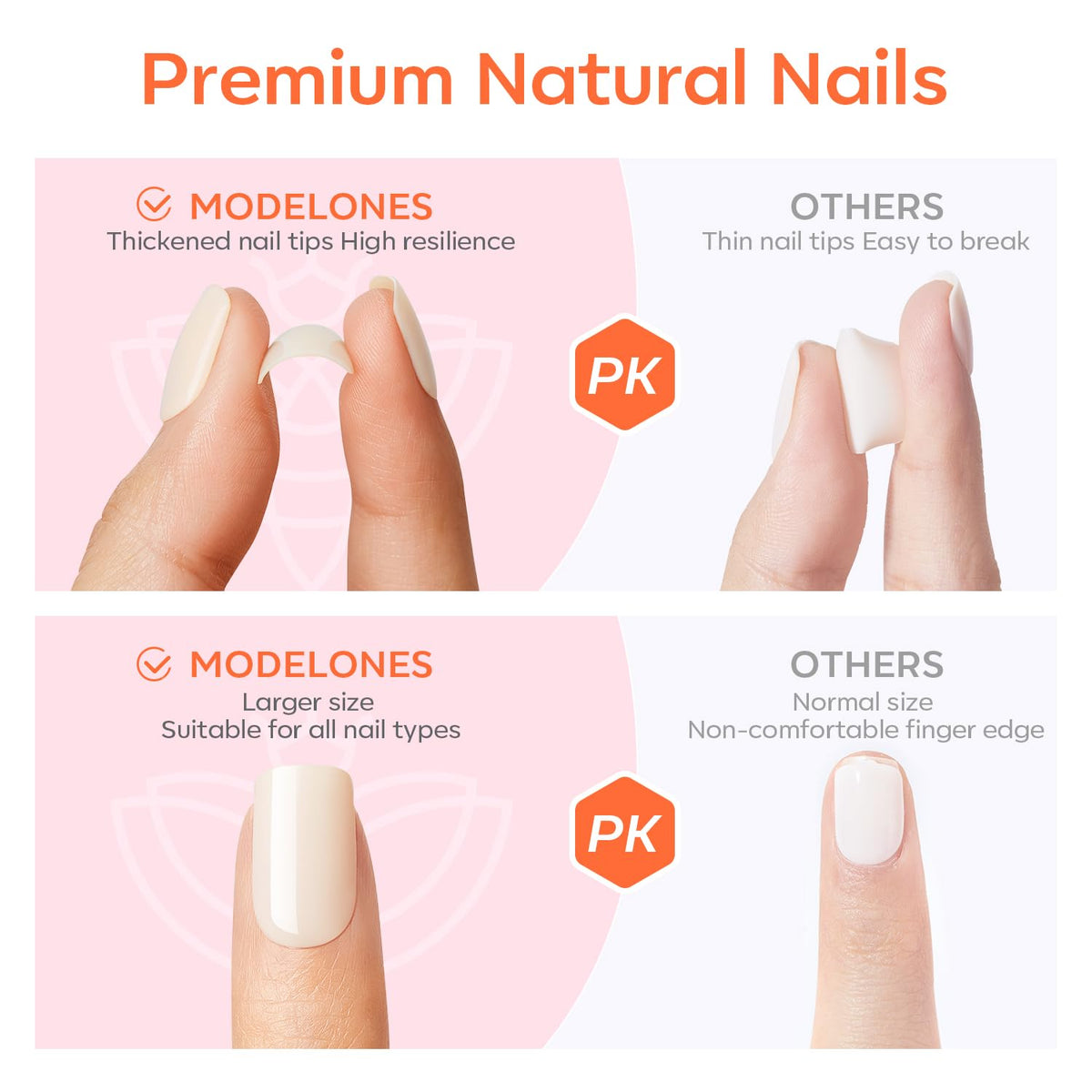 modelones application shot of press-on being pressed onto natural nail for fast manicure