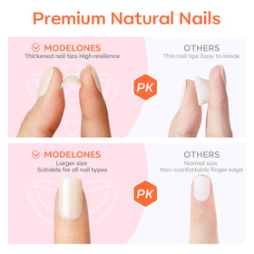 modelones application shot of press-on being pressed onto natural nail for fast manicure
