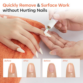 Modelones bit mounted on e-file in use on an acrylic nail demonstrating precise removal