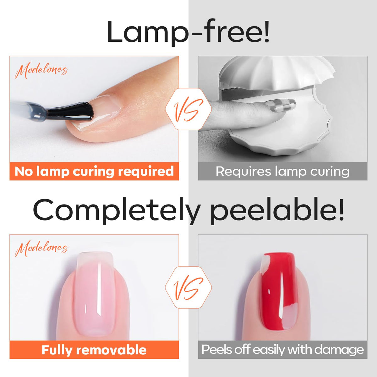 modelones hand peeling base coat off to show effortless, drill-free removal benefit