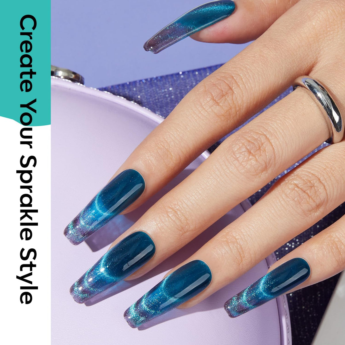 modelones magnet held over nail, creates sharp cat-eye stripe instantly