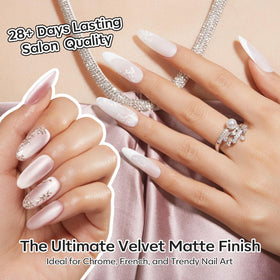 modelones before-and-after nails highlighting crisp chrome against velvet finish