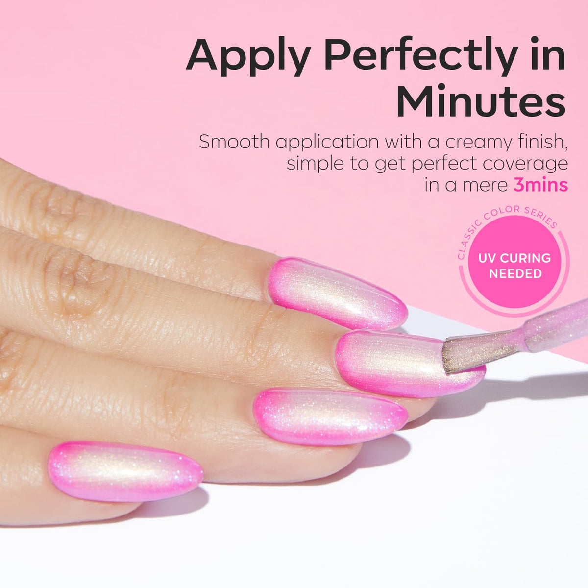 modelones finished manicure in party setting showcasing sparkly pink nails and mood