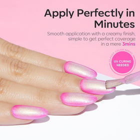 modelones finished manicure in party setting showcasing sparkly pink nails and mood