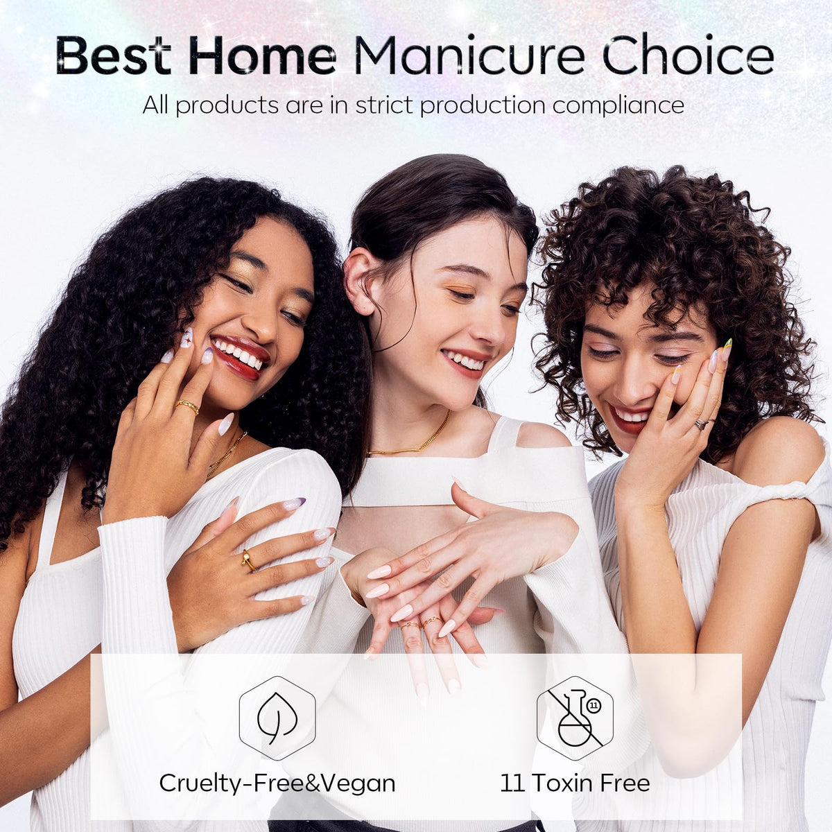 modelones finished manicure in lifestyle scene showing lasting glossy finish