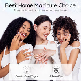 modelones finished manicure in lifestyle scene showing lasting glossy finish