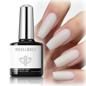 modelones bottle front view showing milky white rubber gel and durable base benefits