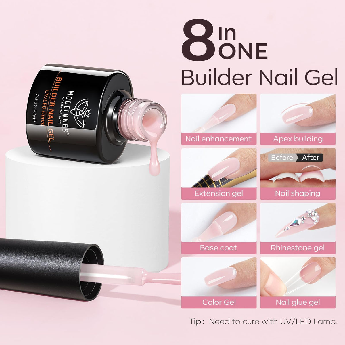 modelones before and after nail extension, visible strengthened length benefit