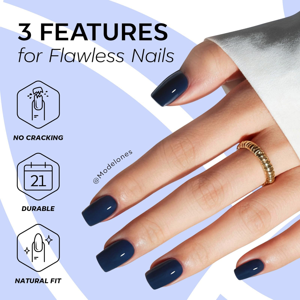 modelones nail in hand scale comparison showing short square fit
