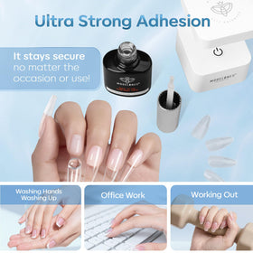 modelones applying gel to nail tip demonstrating strong adhesive bond