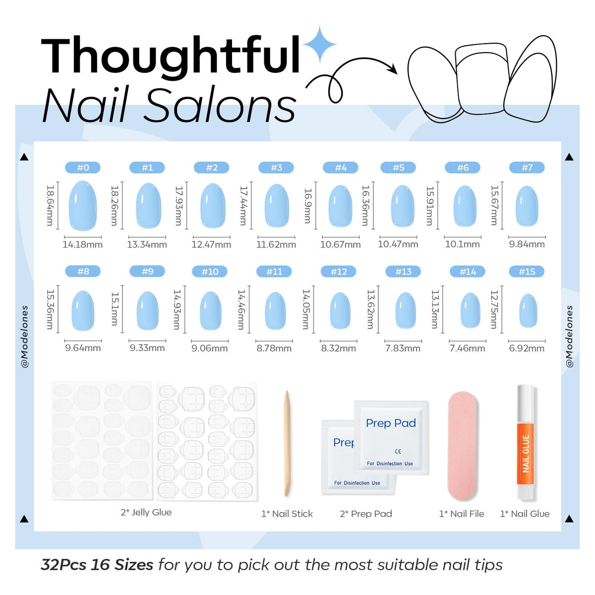modelones nails arranged by 16 sizes to demonstrate fit range and easy selection