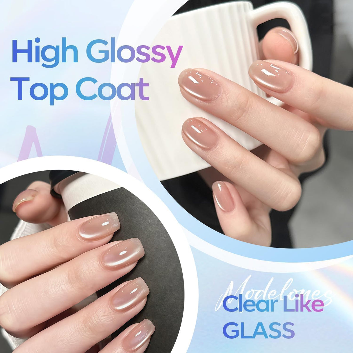 modelones on acrylic nails closeup showing durable glossy protection benefit