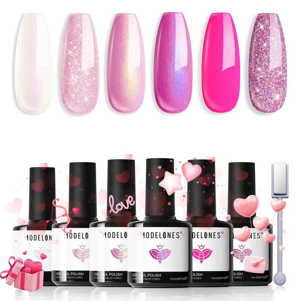 modelones front packaging showing six pink gel bottles and included magnet, quick gift idea