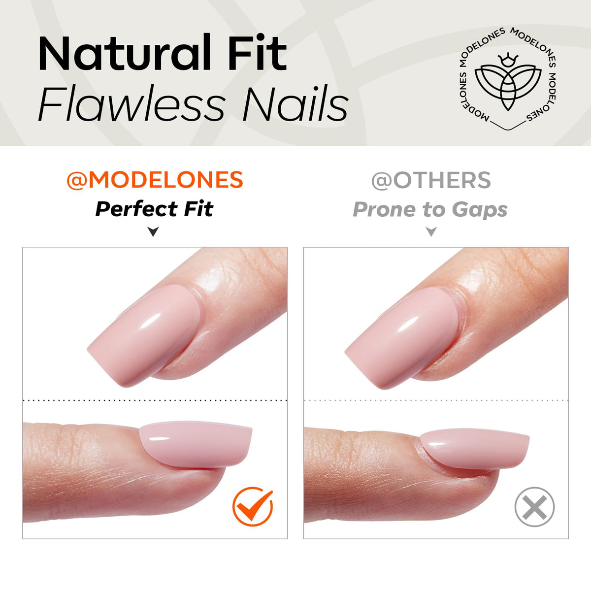 modelones hand applying a press-on nail demonstrating fast three-step pop-on manicure