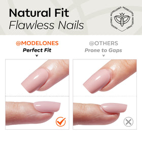 modelones hand applying a press-on nail demonstrating fast three-step pop-on manicure