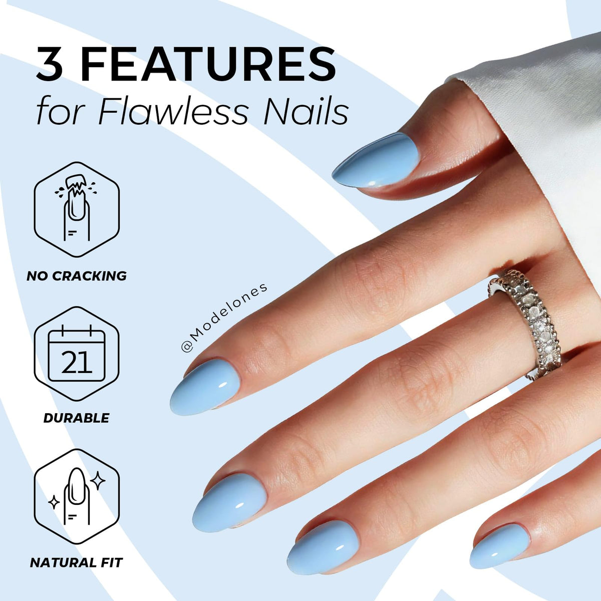 modelones press-on nails worn on hand in lifestyle photo showing an elegant quick manicure