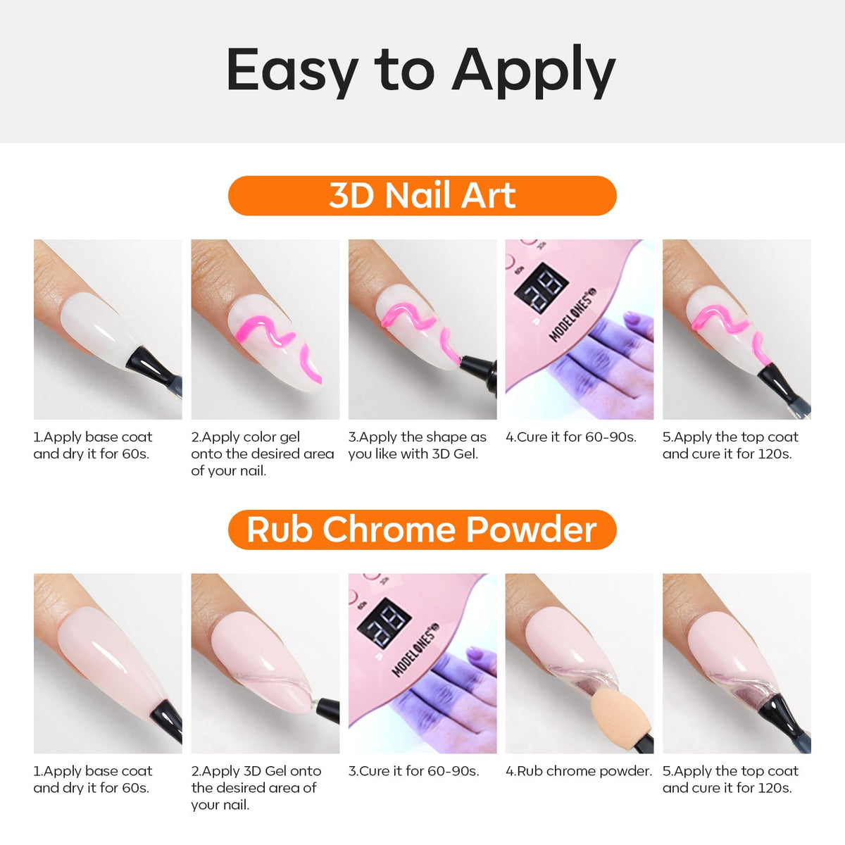 Modelones finished salon nails with 3D accents showing professional-looking designs