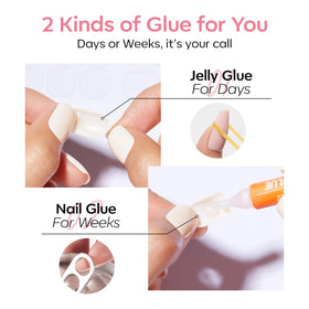 Modelones nails beside fingertip showing scale and natural-looking size match
