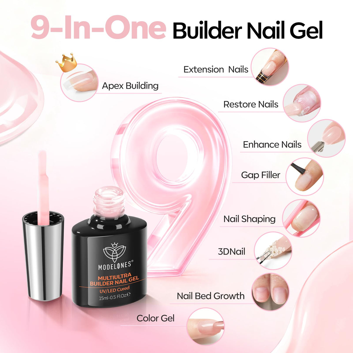 modelones gel bottle next to hand for scale and easy at-home use