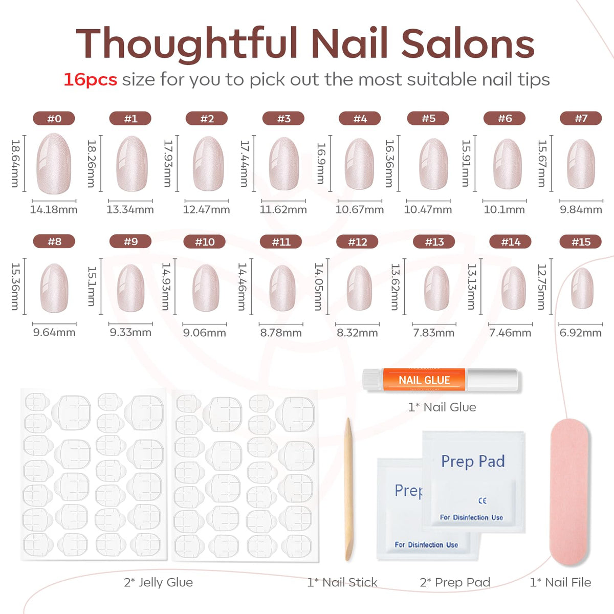 modelones layout of 32 press-on nails in 16 sizes showing organized sizing and selection ease