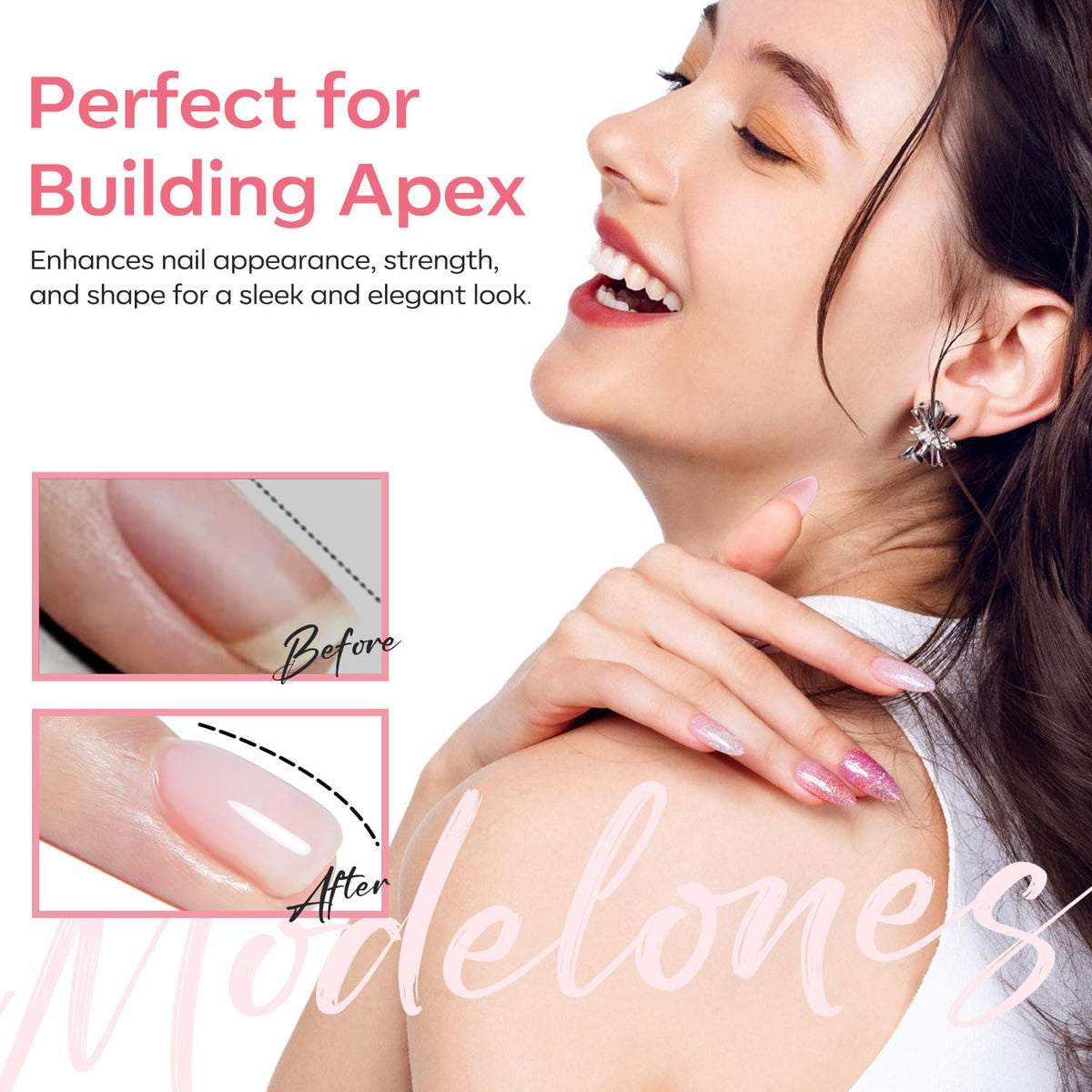 modelones swatch on nail tip demonstrating natural milky pink strengthen effect
