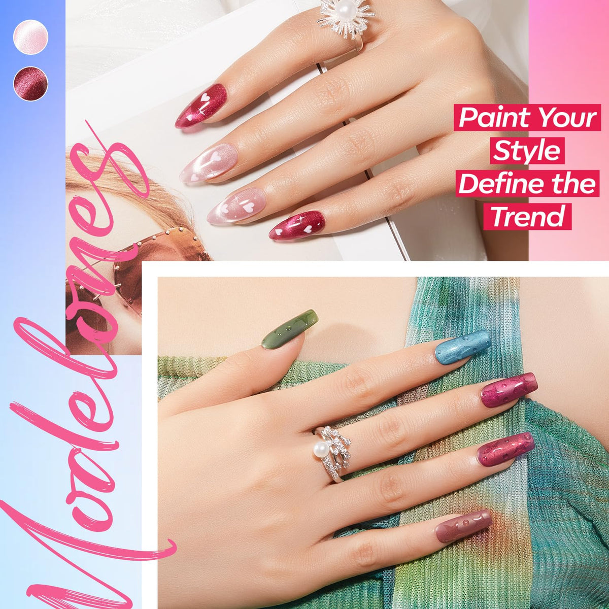 modelones texture swatches laid out to show glitter, glossy and matte finishes comparison