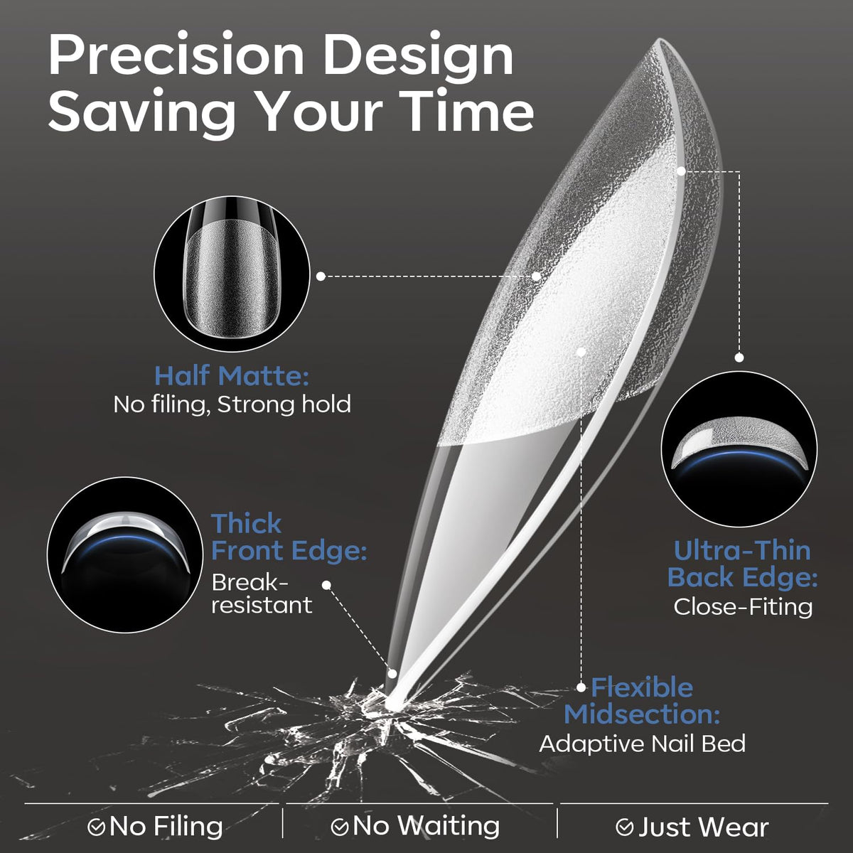 modelones tips in hand illustrating short almond scale for comfortable wear