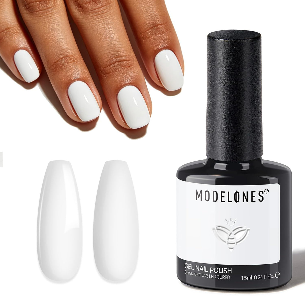 modelones bottle front showing label and glossy white polish benefit