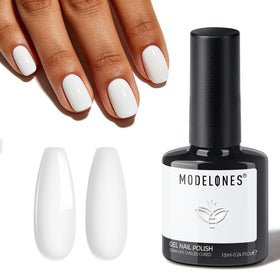 modelones bottle front showing label and glossy white polish benefit