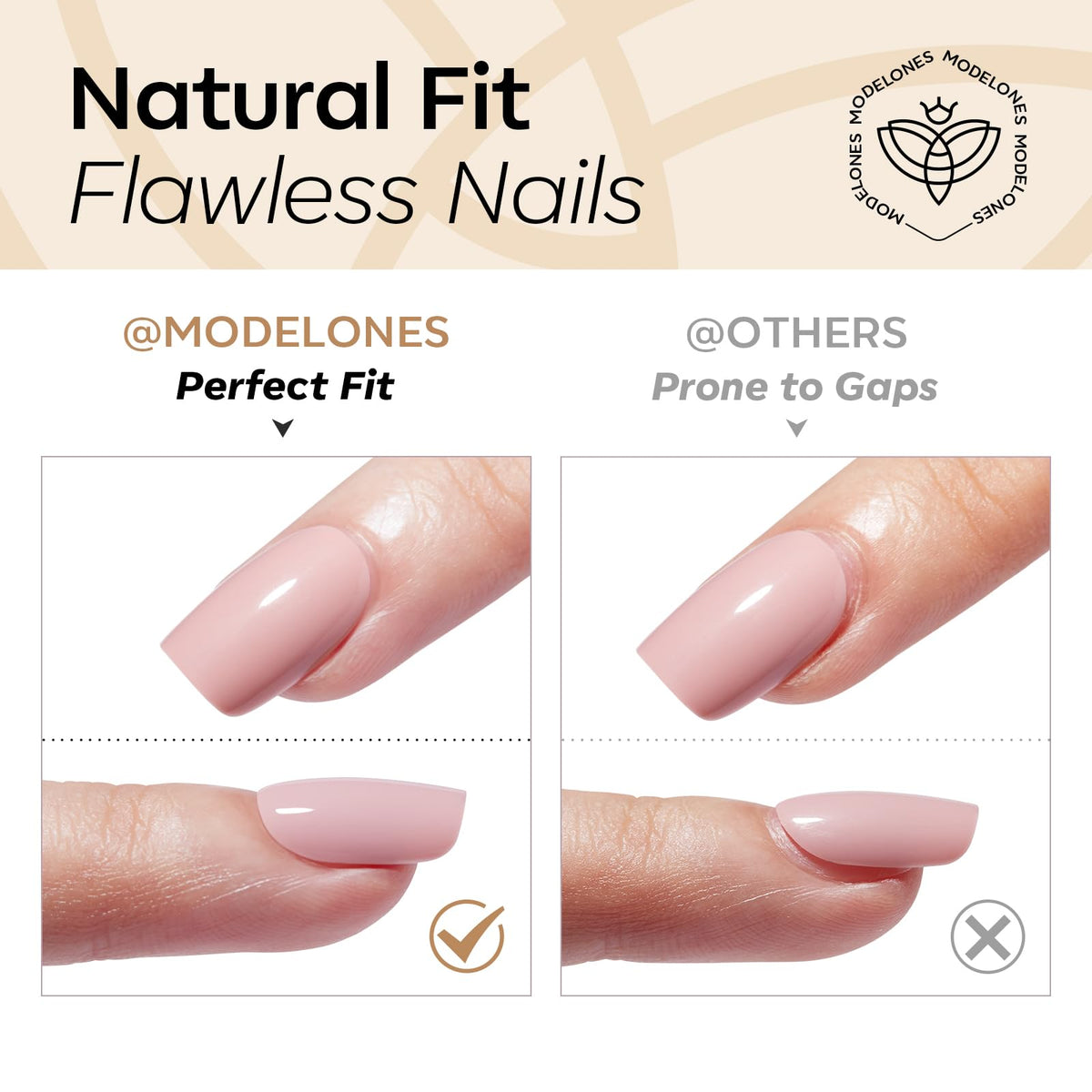 Modelones worn nails on short natural nails demonstrating polished everyday look