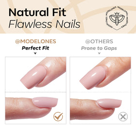 Modelones worn nails on short natural nails demonstrating polished everyday look