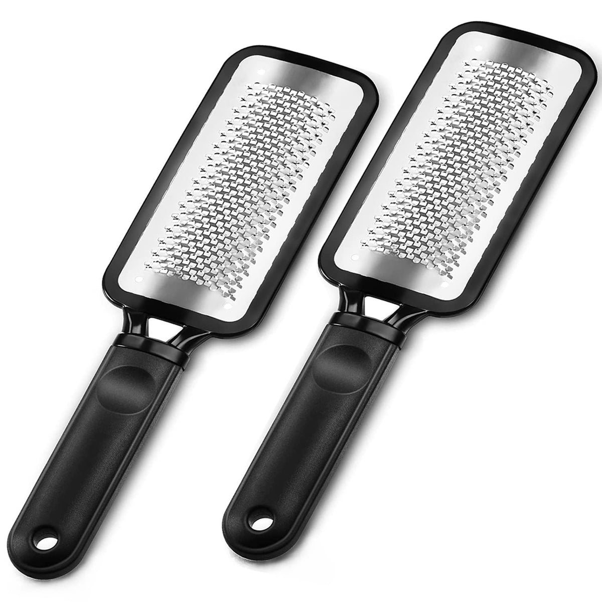 MODENGKONGJIAN front view of two stainless steel foot rasps showing compact set benefits