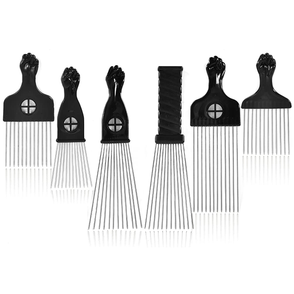 MODSIGHT front view of six black metal Afro picks showing variety and organization