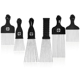 MODSIGHT front view of six black metal Afro picks showing variety and organization