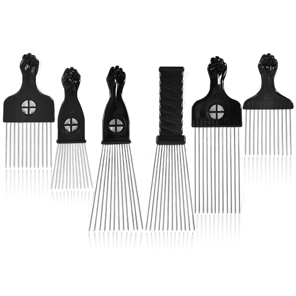 MODSIGHT front view of six black metal Afro picks showing variety and organization