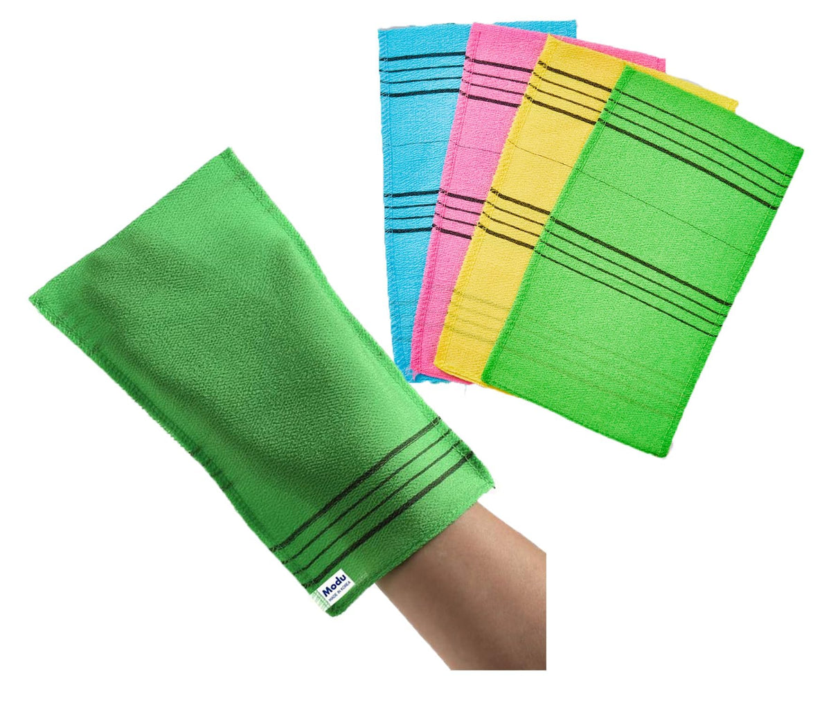 Modu front packaging showing four colored mitts and clear product benefit
