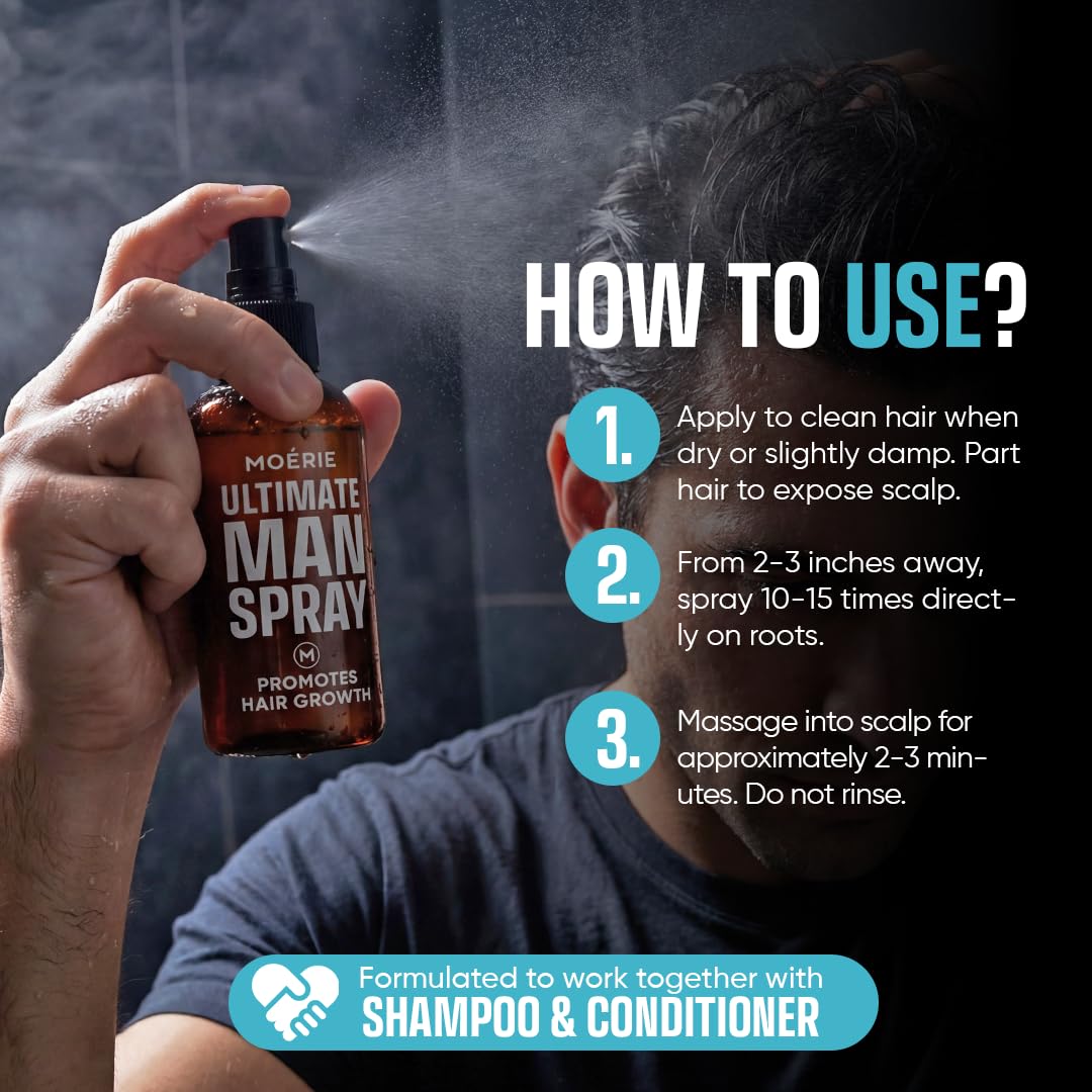Moerie being applied to a male scalp to show simple spray-and-massage routine benefit