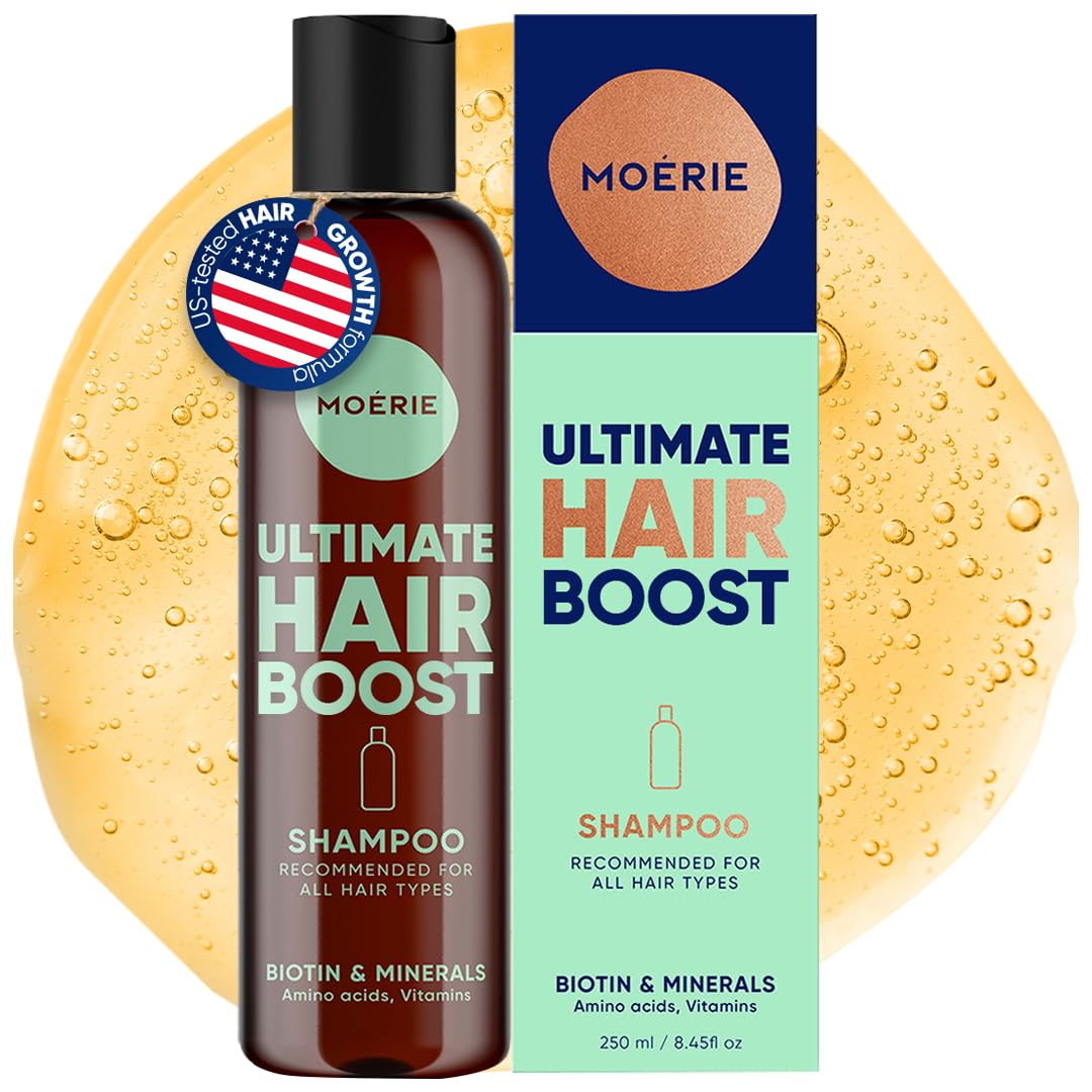 Moerie front bottle showing label and benefit for thicker-looking hair