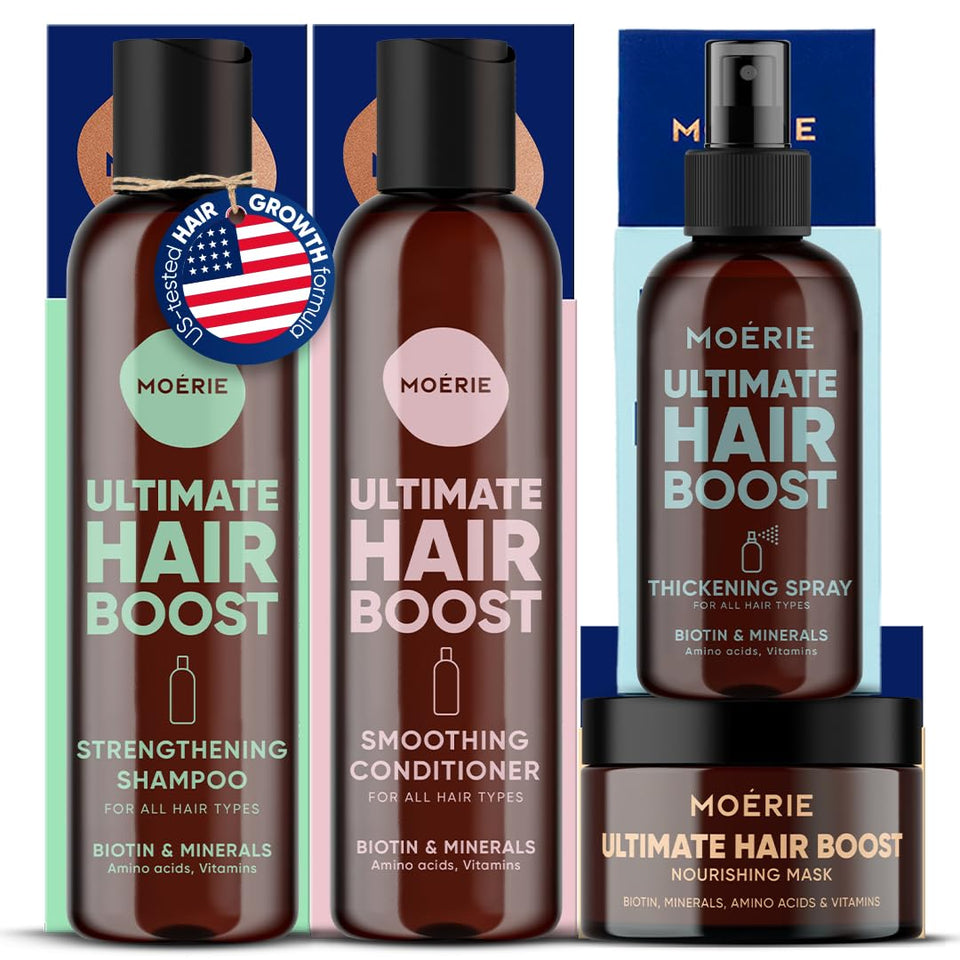 Moerie front view of all four bottles showing complete hair routine benefits