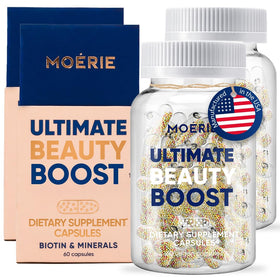 Moerie front packaging showing bottle and label, clear product branding and benefits