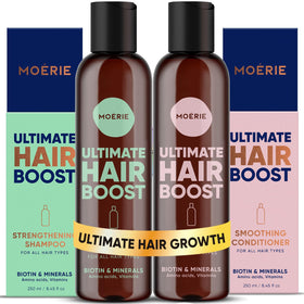 Moerie front packaging showing shampoo and conditioner for fuller hair