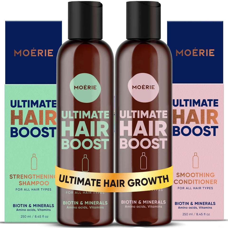 Moerie front packaging showing shampoo and conditioner for fuller hair