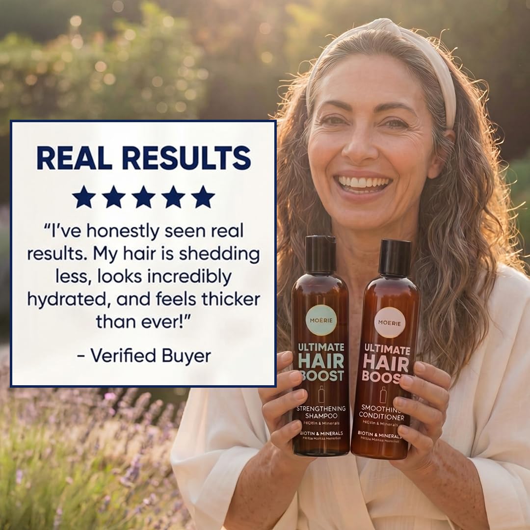 Moerie lifestyle after-results showing thicker-looking hair and confidence