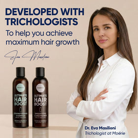 Moerie in-shower use with hands massaging scalp to encourage circulation
