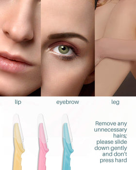 Model using MoHern razor on upper lip for gentle peach fuzz removal and smoother makeup application