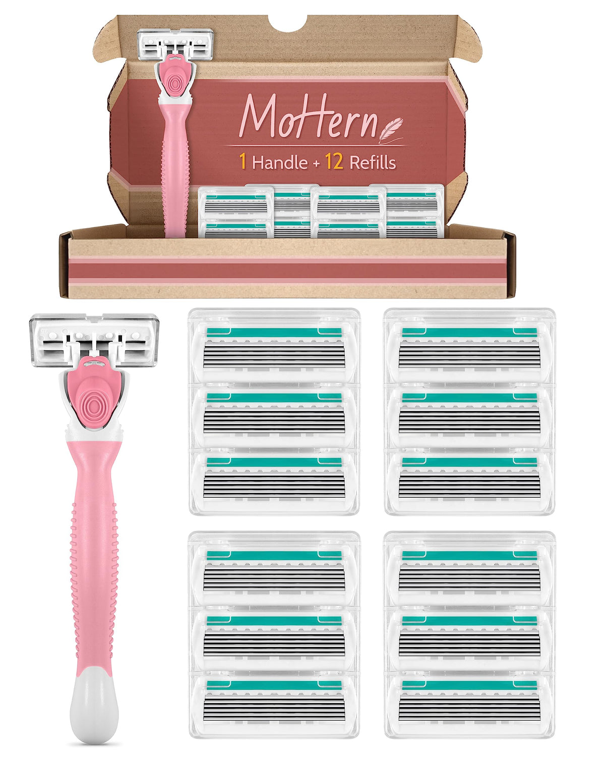 MoHern front kit view showing full razor set and 12 refills, highlighting convenience